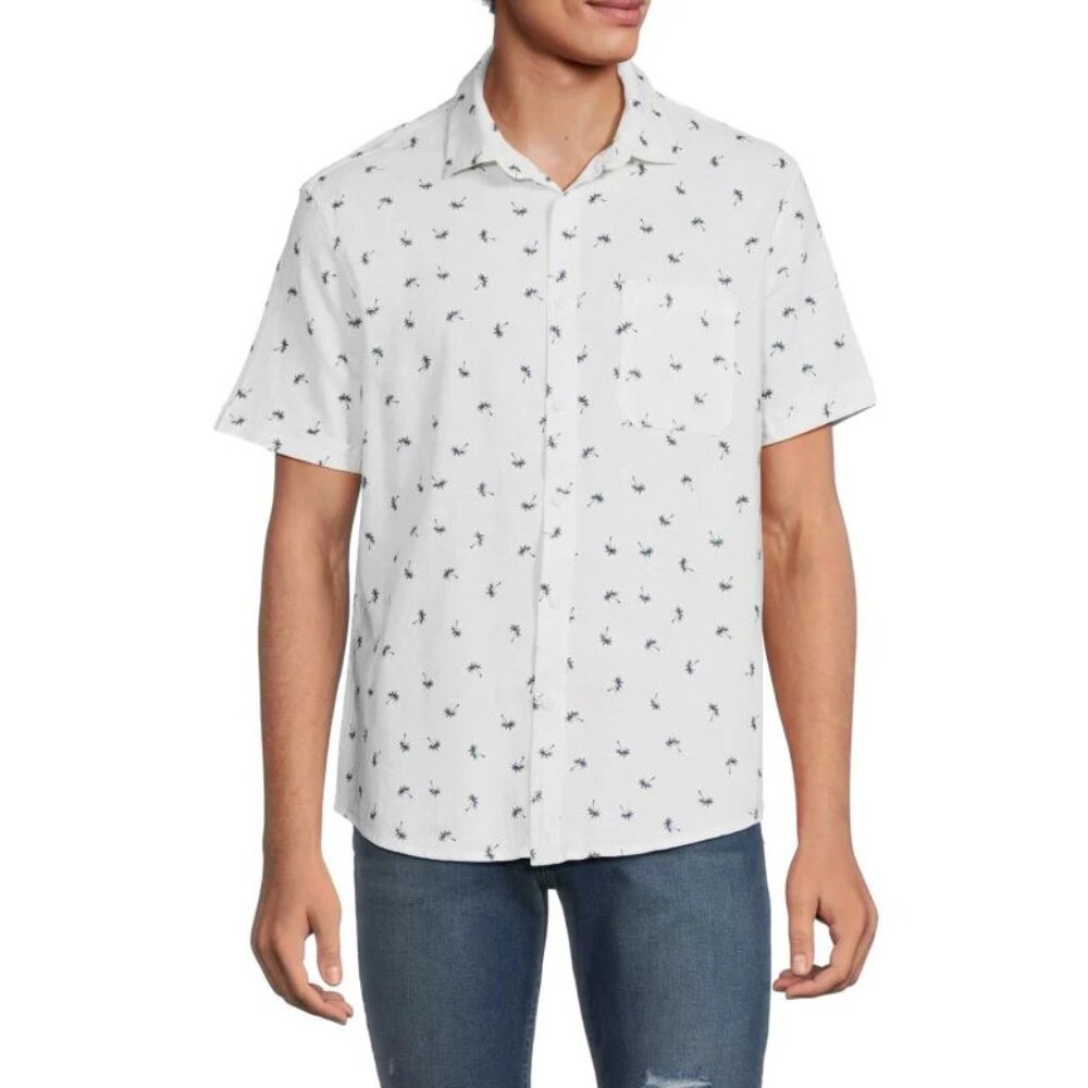 SAKS FIFTH AVENUE Men's Linen Blend Palm Print Short Sleeve Shirt SMALL